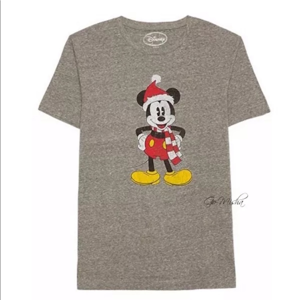 Mickey T-Shirt Tee Santa Hat Scarf Gray Christmas